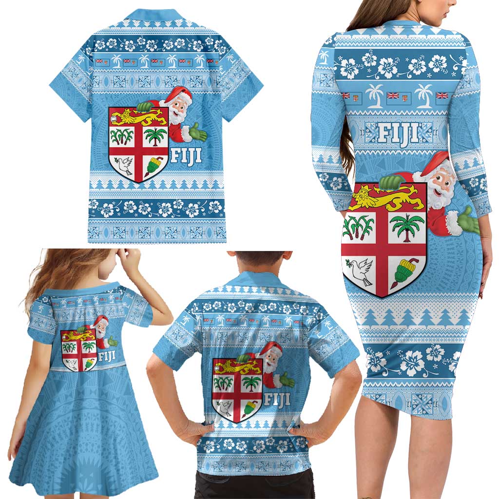 Fiji Christmas Family Matching Long Sleeve Bodycon Dress and Hawaiian Shirt Fijian Masi Marau na Kerisimasi! - Blue