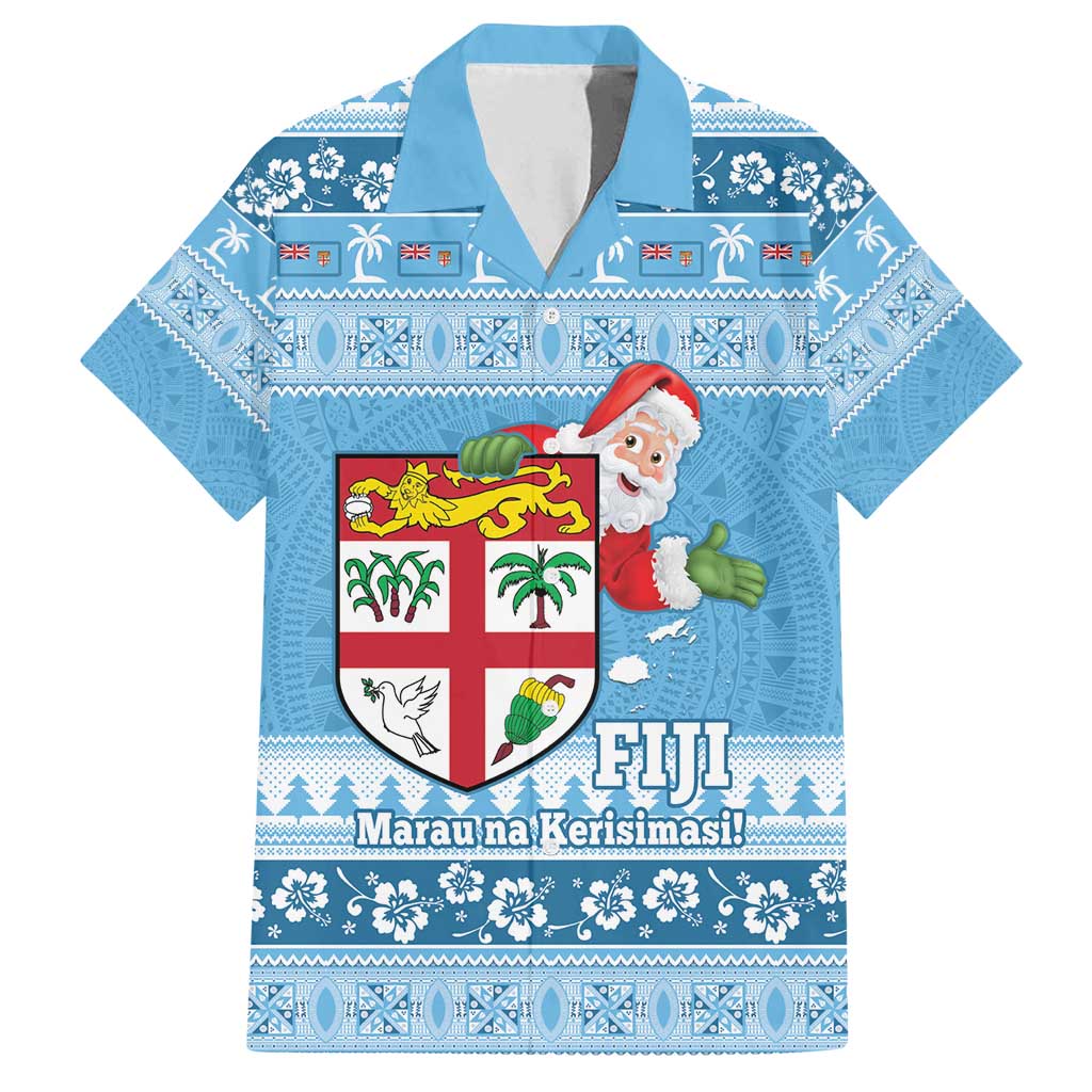 Fiji Christmas Family Matching Puletasi and Hawaiian Shirt Fijian Masi Marau na Kerisimasi! - Blue LT14 Dad's Shirt - Short Sleeve Blue - Polynesian Pride