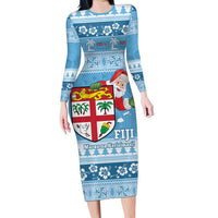Fiji Christmas Long Sleeve Bodycon Dress Fijian Masi Marau na Kerisimasi! - Blue LT14 Long Dress Blue - Polynesian Pride