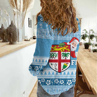 Fiji Christmas Women Casual Shirt Fijian Masi Marau na Kerisimasi! - Blue LT14 - Polynesian Pride