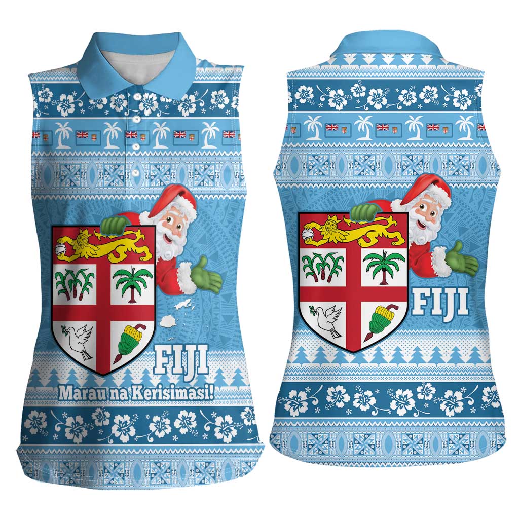 Fiji Christmas Women Sleeveless Polo Shirt Fijian Masi Marau na Kerisimasi! - Blue