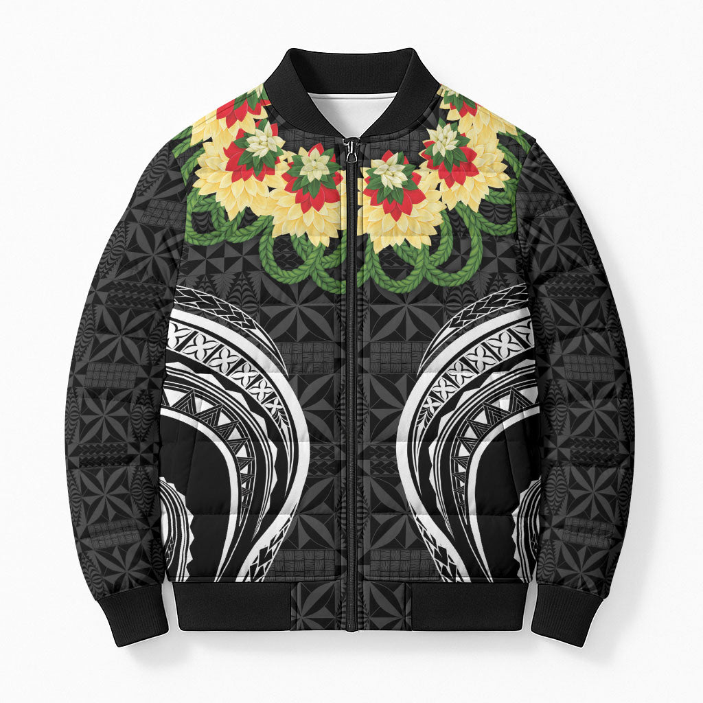 Black Tonga Ngatu Kahoa Lei Bomber Puffer Jacket LT14 Unisex Black - Polynesian Pride