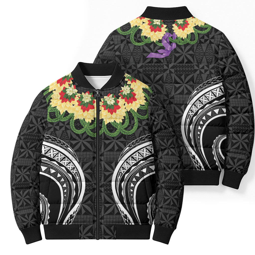 Black Tonga Ngatu Kahoa Lei Bomber Puffer Jacket LT14 - Polynesian Pride