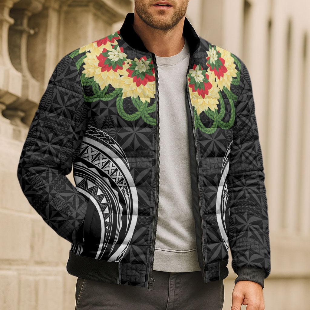 Black Tonga Ngatu Kahoa Lei Bomber Puffer Jacket LT14 - Polynesian Pride