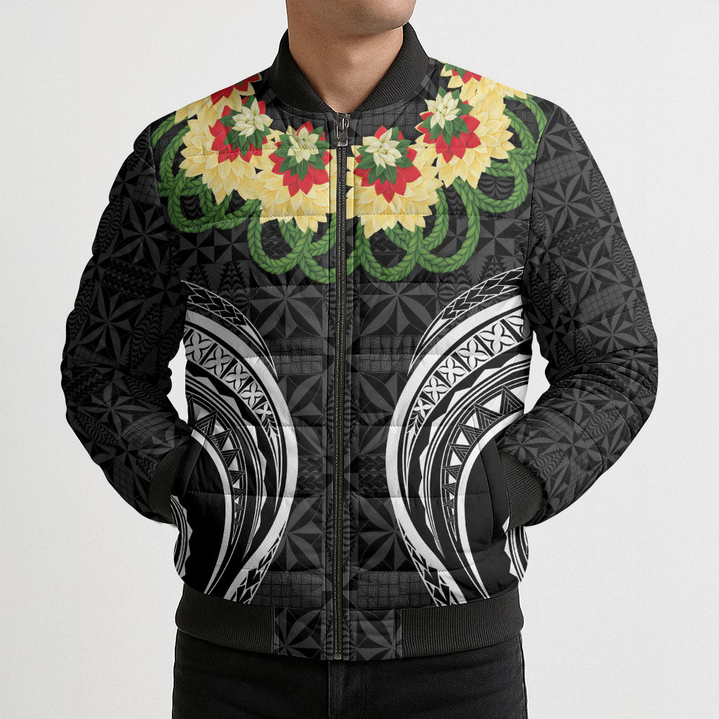Black Tonga Ngatu Kahoa Lei Bomber Puffer Jacket LT14 - Polynesian Pride