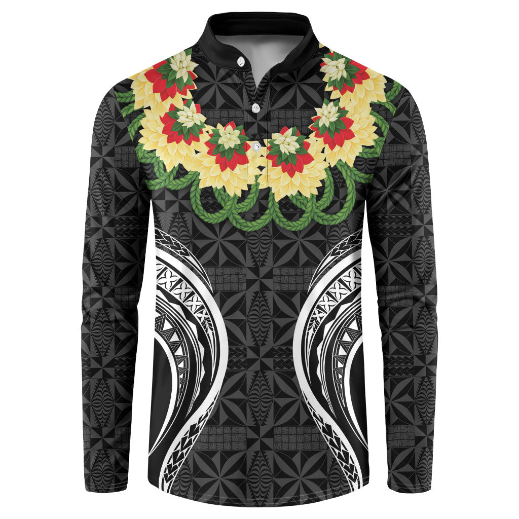 Black Tonga Ngatu Kahoa Lei Button Sweatshirt LT14 Black - Polynesian Pride