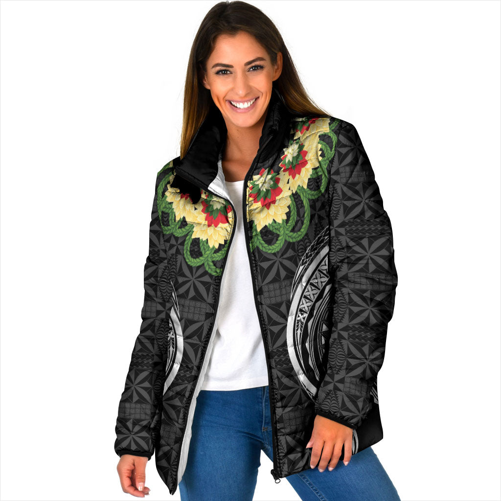 Black Tonga Ngatu Kahoa Lei Padded Jacket LT14 Women Black - Polynesian Pride