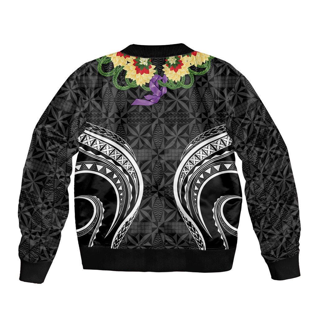 Black Tonga Ngatu Kahoa Lei Sleeve Zip Bomber Jacket LT14 - Polynesian Pride