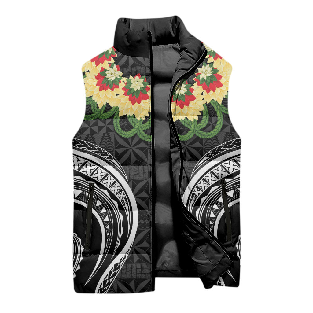 Black Tonga Ngatu Kahoa Lei Sleeveless Puffer Jacket LT14 - Polynesian Pride