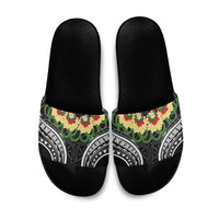 Black Tonga Ngatu Kahoa Lei Slide Sandals LT14 Black - Polynesian Pride
