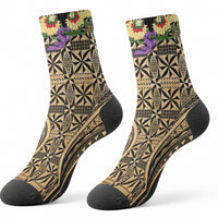 Grunge Gold Tonga Ngatu Kahoa Lei Crew Socks LT14 - Polynesian Pride