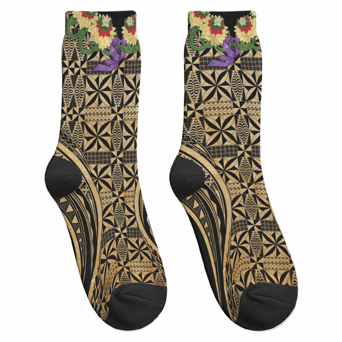 Grunge Gold Tonga Ngatu Kahoa Lei Crew Socks LT14 - Polynesian Pride