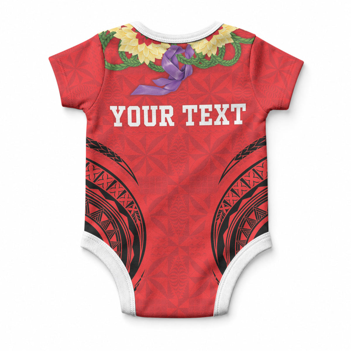 Personalised Red Tonga Ngatu Kahoa Lei Baby Onesie LT14 - Polynesian Pride