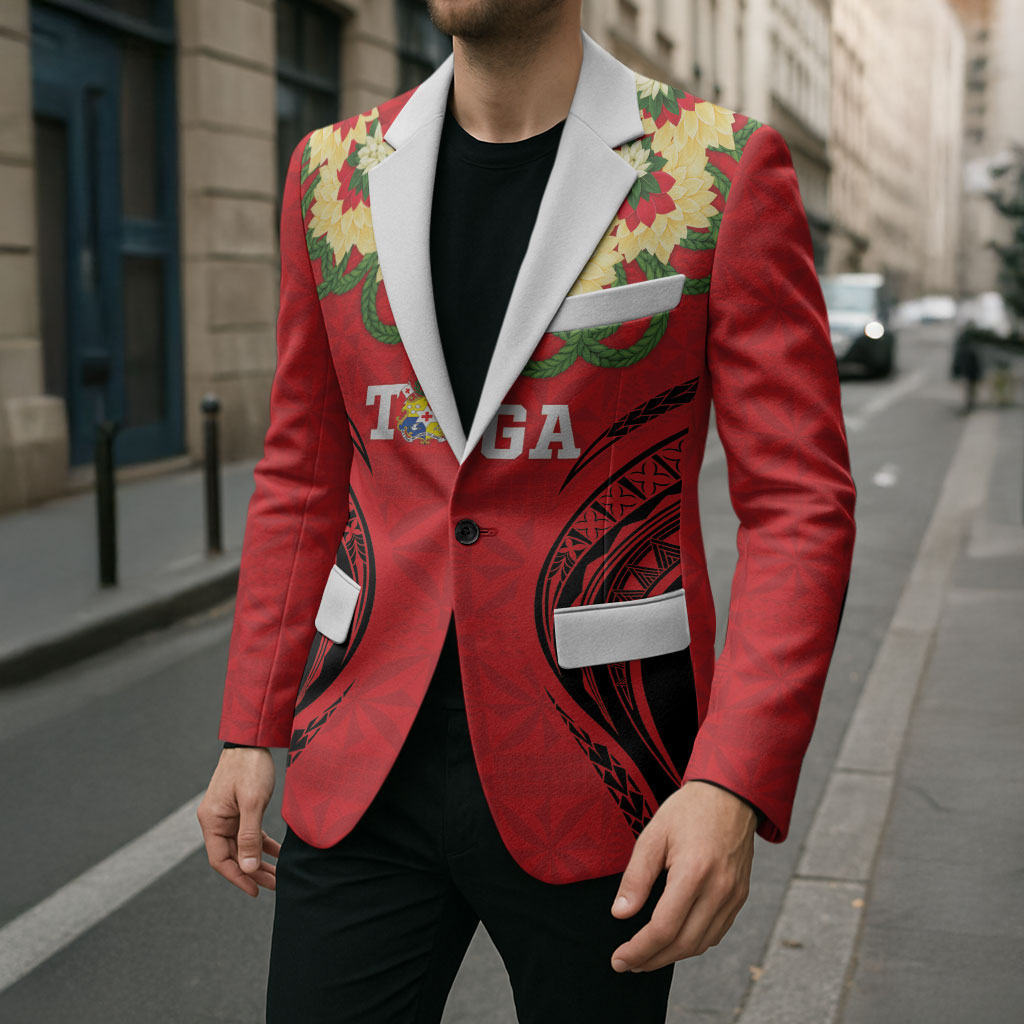 Personalised Red Tonga Ngatu Kahoa Lei Blazer LT14 - Polynesian Pride