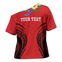 Personalised Red Tonga Ngatu Kahoa Lei Cross Shoulder Shirt LT14 - Polynesian Pride