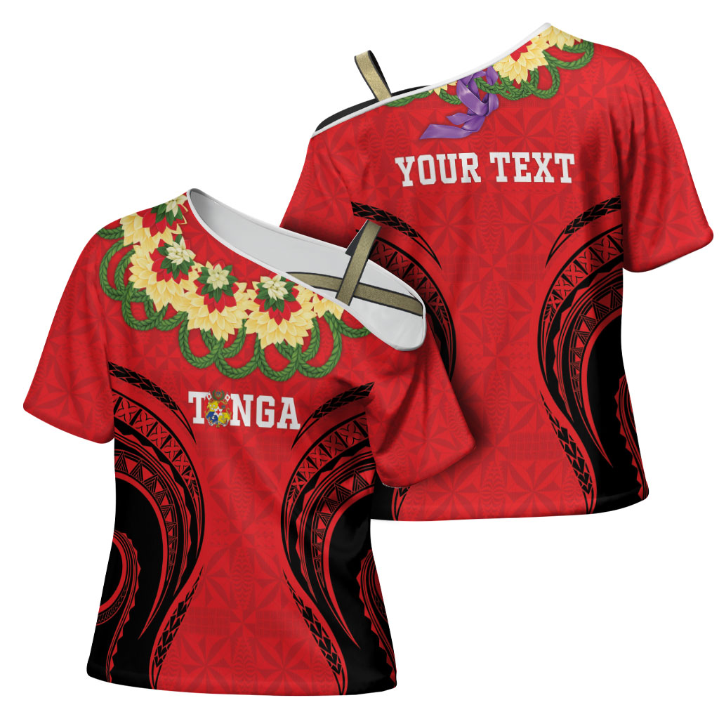 Personalised Red Tonga Ngatu Kahoa Lei Cross Shoulder Shirt LT14 - Polynesian Pride