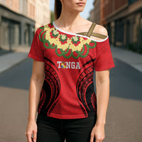 Personalised Red Tonga Ngatu Kahoa Lei Cross Shoulder Shirt LT14 - Polynesian Pride