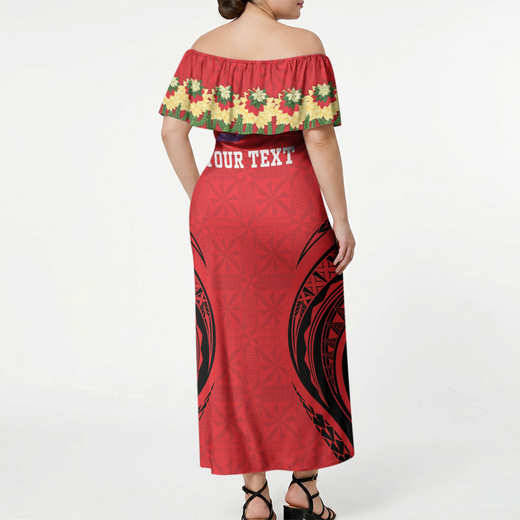 Personalised Red Tonga Ngatu Kahoa Lei Off Shoulder Maxi Dress LT14 - Polynesian Pride