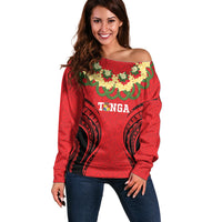 Personalised Red Tonga Ngatu Kahoa Lei Off Shoulder Sweater LT14 Women Red - Polynesian Pride