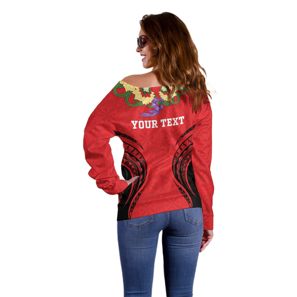 Personalised Red Tonga Ngatu Kahoa Lei Off Shoulder Sweater LT14 - Polynesian Pride