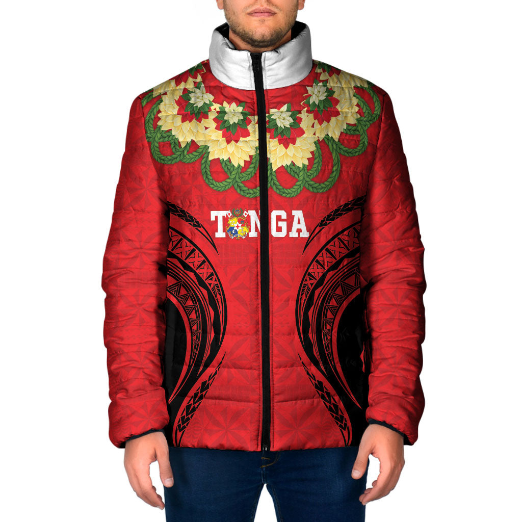 Personalised Red Tonga Ngatu Kahoa Lei Padded Jacket LT14 Men Red - Polynesian Pride