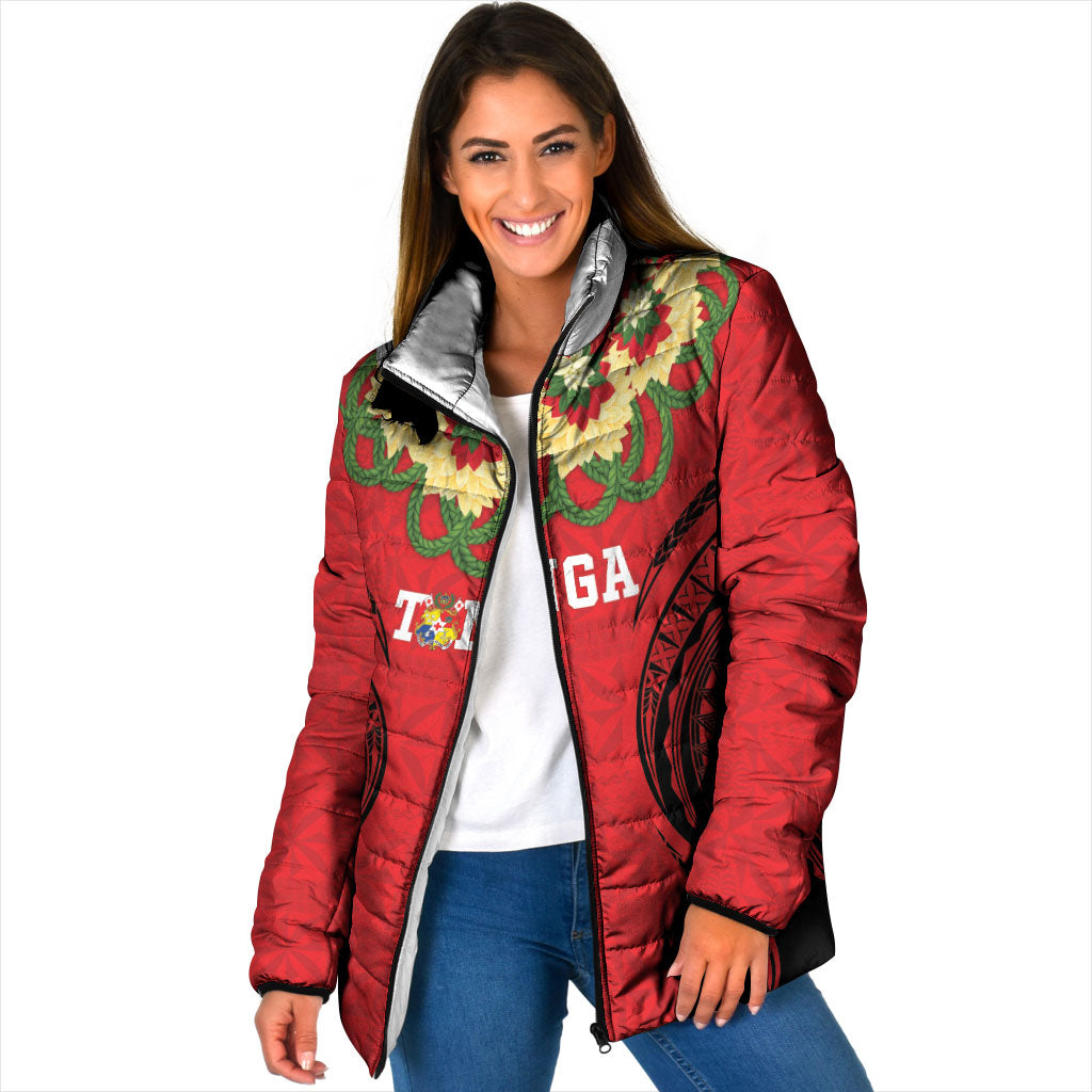 Personalised Red Tonga Ngatu Kahoa Lei Padded Jacket LT14 Women Red - Polynesian Pride