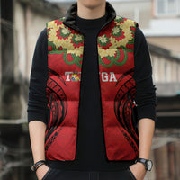 Personalised Red Tonga Ngatu Kahoa Lei Sleeveless Puffer Jacket LT14 - Polynesian Pride