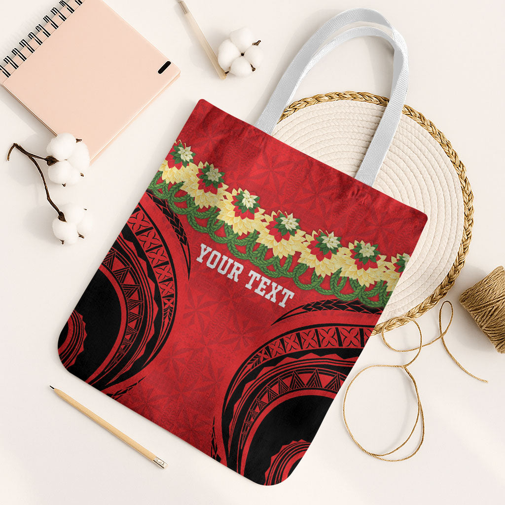 Personalised Red Tonga Ngatu Kahoa Lei Tote Bag LT14 White Strap One Size Red - Polynesian Pride