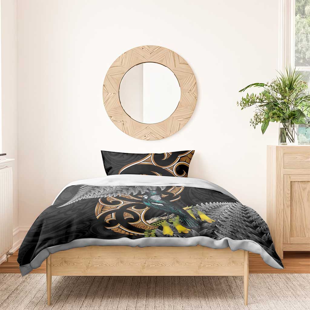 Aotearoa Kowhai Tui Bird Bedding Set Maori Ngaru With Silver Fern