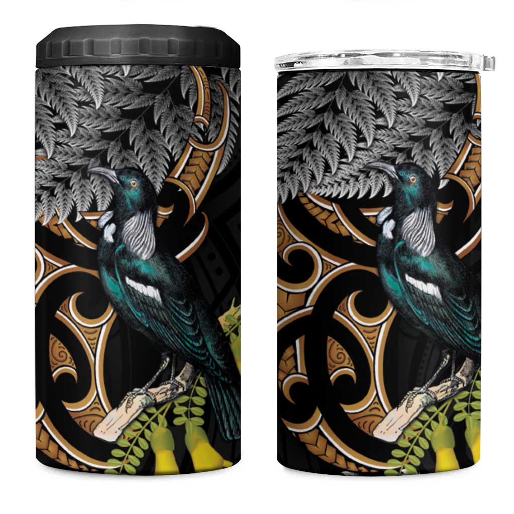 Aotearoa Kowhai Tui Bird 4 in 1 Can Cooler Tumbler Maori Ngaru With Silver Fern