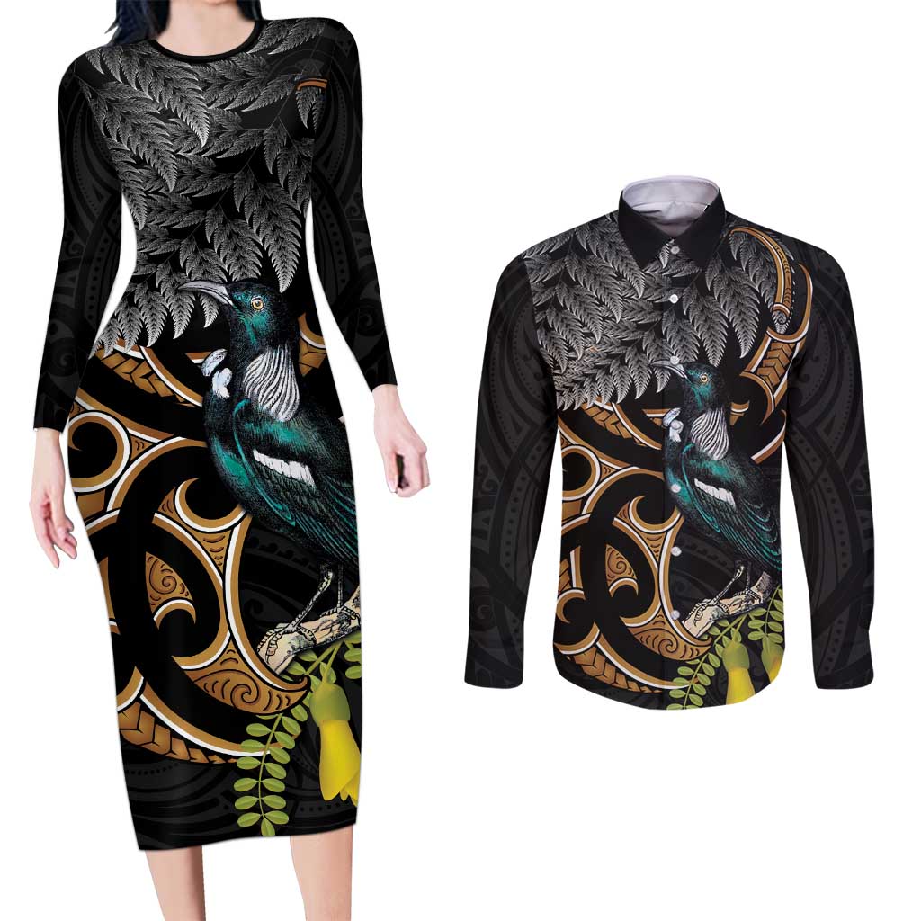 Aotearoa Kowhai Tui Bird Couples Matching Long Sleeve Bodycon Dress and Long Sleeve Button Shirt Maori Ngaru With Silver Fern LT14 Black - Polynesian Pride