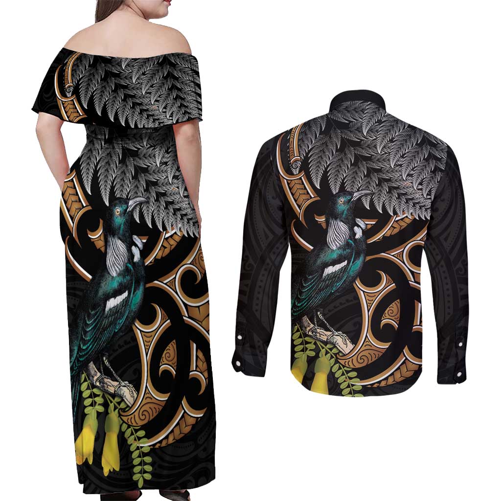 Aotearoa Kowhai Tui Bird Couples Matching Off Shoulder Maxi Dress and Long Sleeve Button Shirt Maori Ngaru With Silver Fern LT14 - Polynesian Pride