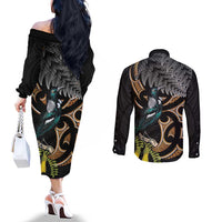 Aotearoa Kowhai Tui Bird Couples Matching Off The Shoulder Long Sleeve Dress and Long Sleeve Button Shirt Maori Ngaru With Silver Fern LT14 - Polynesian Pride