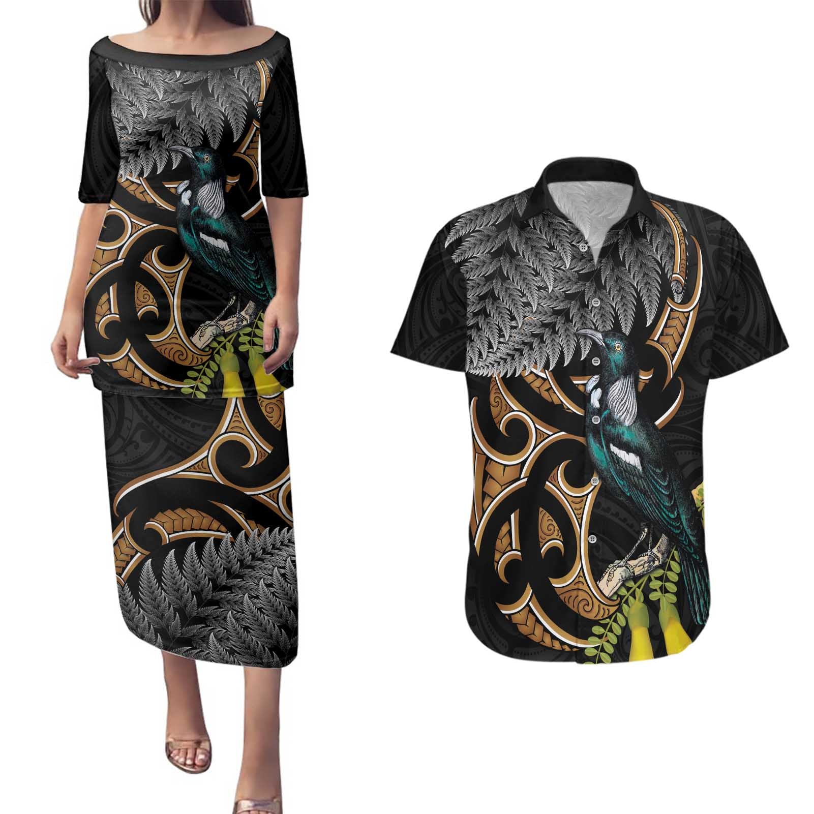 Aotearoa Kowhai Tui Bird Couples Matching Puletasi and Hawaiian Shirt Maori Ngaru With Silver Fern