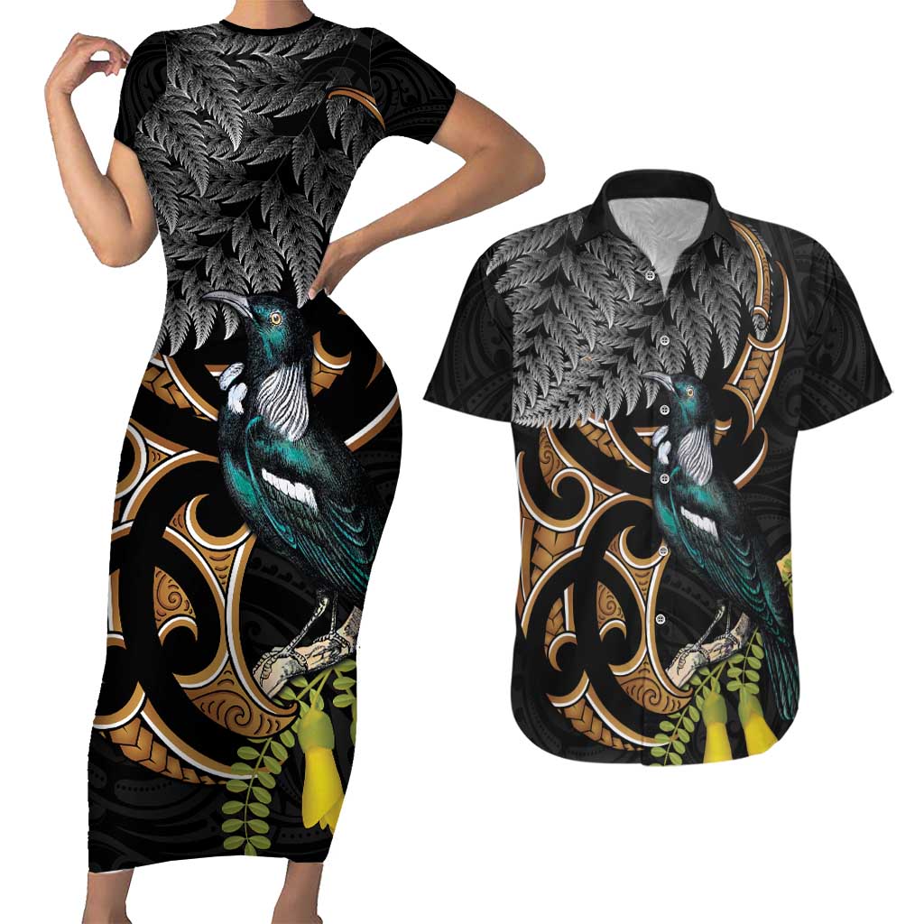Aotearoa Kowhai Tui Bird Couples Matching Short Sleeve Bodycon Dress and Hawaiian Shirt Maori Ngaru With Silver Fern