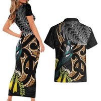 Aotearoa Kowhai Tui Bird Couples Matching Short Sleeve Bodycon Dress and Hawaiian Shirt Maori Ngaru With Silver Fern