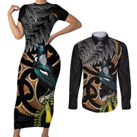 Aotearoa Kowhai Tui Bird Couples Matching Short Sleeve Bodycon Dress and Long Sleeve Button Shirt Maori Ngaru With Silver Fern LT14 Black - Polynesian Pride