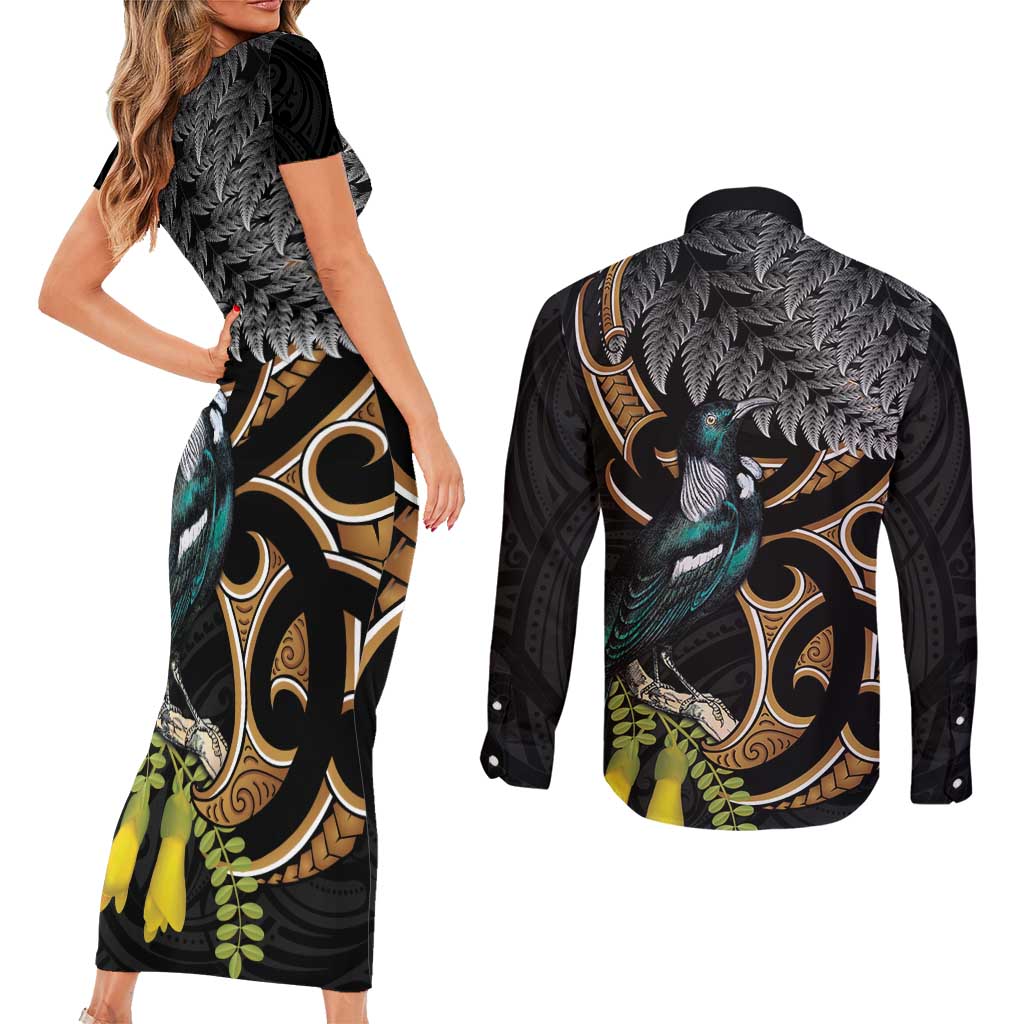 Aotearoa Kowhai Tui Bird Couples Matching Short Sleeve Bodycon Dress and Long Sleeve Button Shirt Maori Ngaru With Silver Fern LT14 - Polynesian Pride