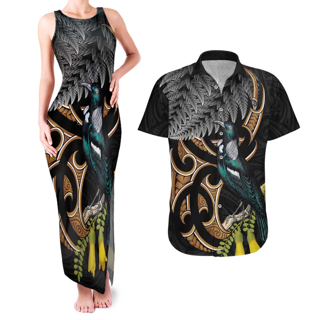 Aotearoa Kowhai Tui Bird Couples Matching Tank Maxi Dress and Hawaiian Shirt Maori Ngaru With Silver Fern