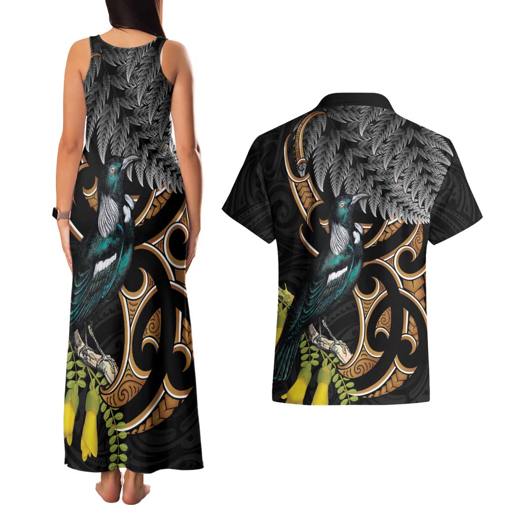 Aotearoa Kowhai Tui Bird Couples Matching Tank Maxi Dress and Hawaiian Shirt Maori Ngaru With Silver Fern