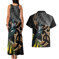 Aotearoa Kowhai Tui Bird Couples Matching Tank Maxi Dress and Hawaiian Shirt Maori Ngaru With Silver Fern