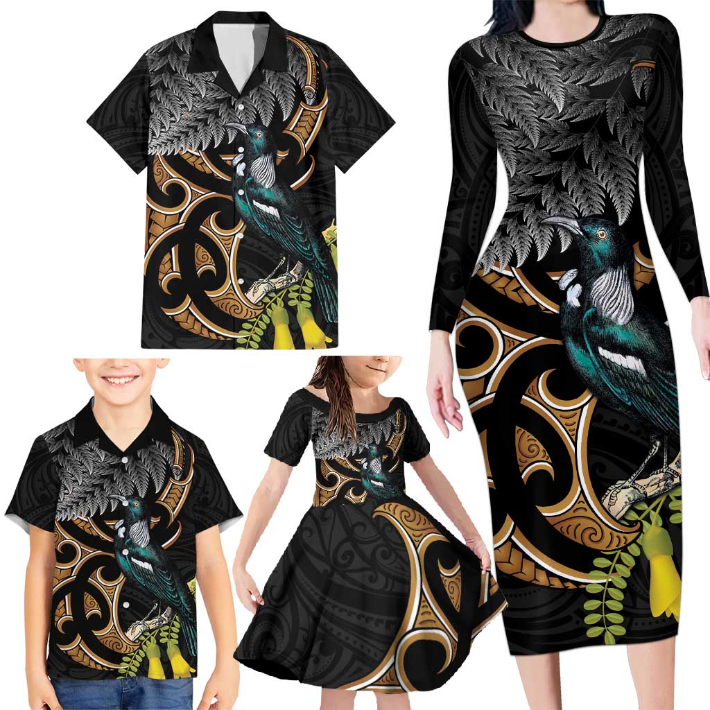 Aotearoa Kowhai Tui Bird Family Matching Long Sleeve Bodycon Dress and Hawaiian Shirt Maori Ngaru With Silver Fern LT14 - Polynesian Pride
