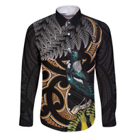 Aotearoa Kowhai Tui Bird Family Matching Long Sleeve Bodycon Dress and Hawaiian Shirt Maori Ngaru With Silver Fern LT14 Dad's Shirt - Long Sleeve Black - Polynesian Pride