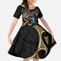 Aotearoa Kowhai Tui Bird Family Matching Puletasi and Hawaiian Shirt Maori Ngaru With Silver Fern LT14 Daughter's Dress Black - Polynesian Pride