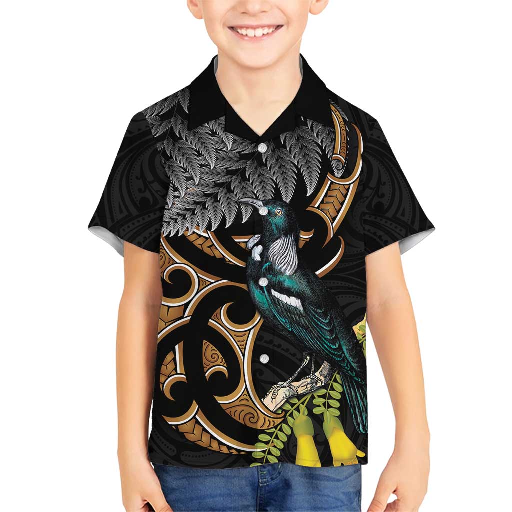Aotearoa Kowhai Tui Bird Family Matching Puletasi and Hawaiian Shirt Maori Ngaru With Silver Fern LT14 Son's Shirt Black - Polynesian Pride