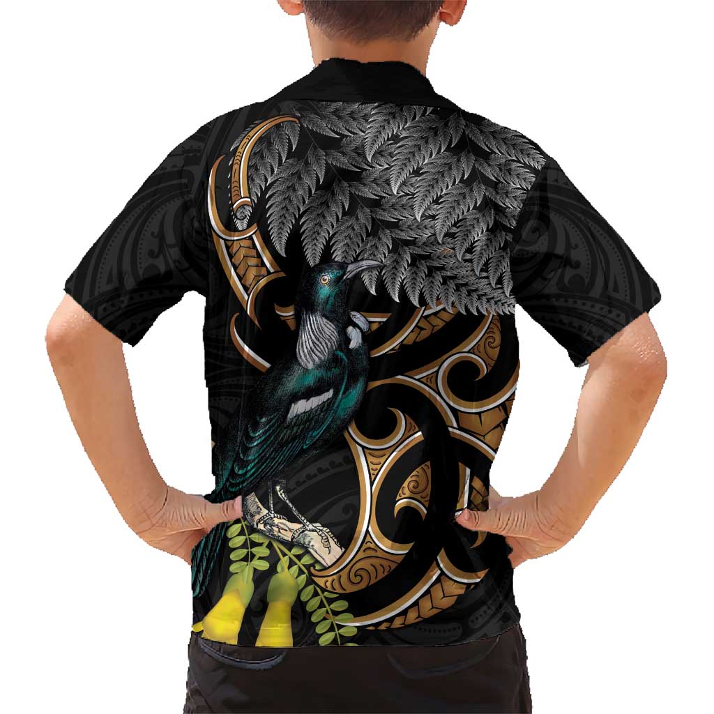 Aotearoa Kowhai Tui Bird Family Matching Short Sleeve Bodycon Dress and Hawaiian Shirt Maori Ngaru With Silver Fern LT14 - Polynesian Pride