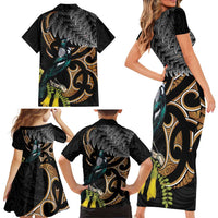 Aotearoa Kowhai Tui Bird Family Matching Short Sleeve Bodycon Dress and Hawaiian Shirt Maori Ngaru With Silver Fern LT14 - Polynesian Pride