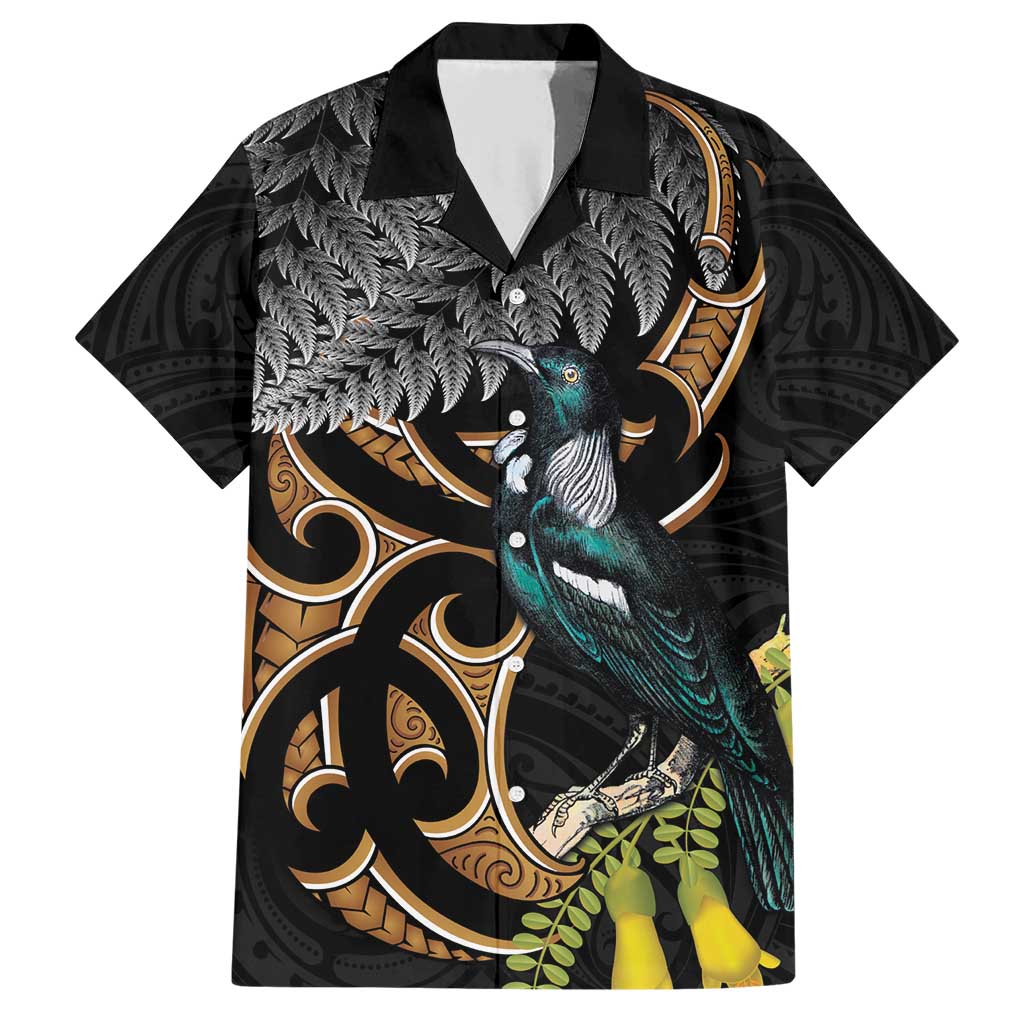 Aotearoa Kowhai Tui Bird Family Matching Short Sleeve Bodycon Dress and Hawaiian Shirt Maori Ngaru With Silver Fern LT14 Dad's Shirt - Short Sleeve Black - Polynesian Pride