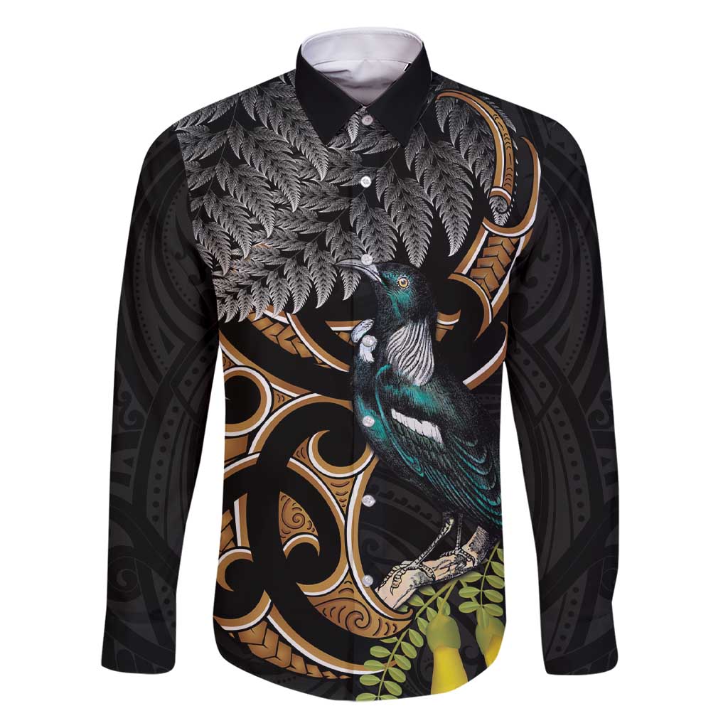 Aotearoa Kowhai Tui Bird Family Matching Short Sleeve Bodycon Dress and Hawaiian Shirt Maori Ngaru With Silver Fern LT14 Dad's Shirt - Long Sleeve Black - Polynesian Pride