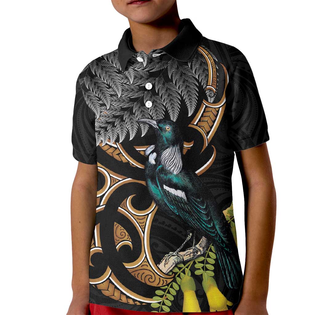 Aotearoa Kowhai Tui Bird Kid Polo Shirt Maori Ngaru With Silver Fern
